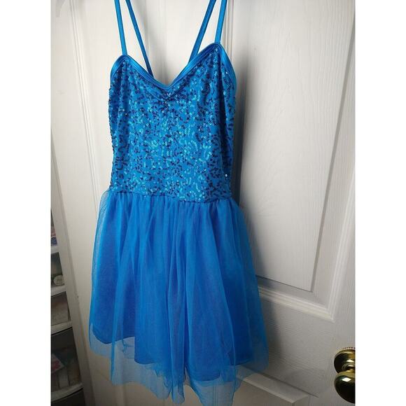balera dancewear One Piece Lined Tulle Sequin Teal Straps Top. Size MC - Picture 2 of 12